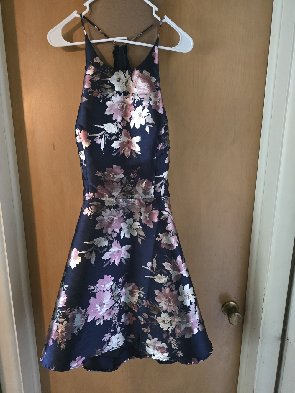 Navy Floral Satin Fit-and-Flare Dress